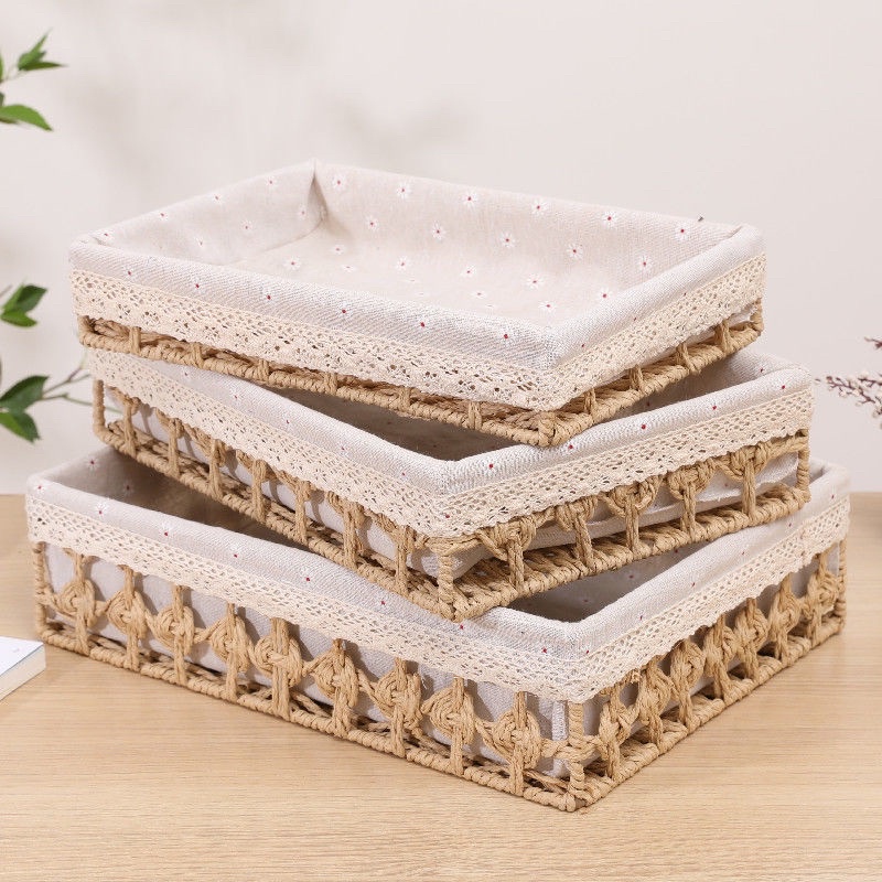 Giỏ mây đựng đồ, Giỏ dẹt lưu trữ đồ để bàn màu be
