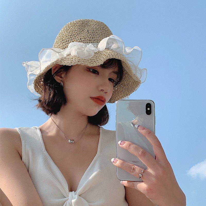 Mũ Cói Rộng Vành Phối Ren Đính Ngọc Trai Thời Trang Đi Biển Mùa Hè Cho Nữ