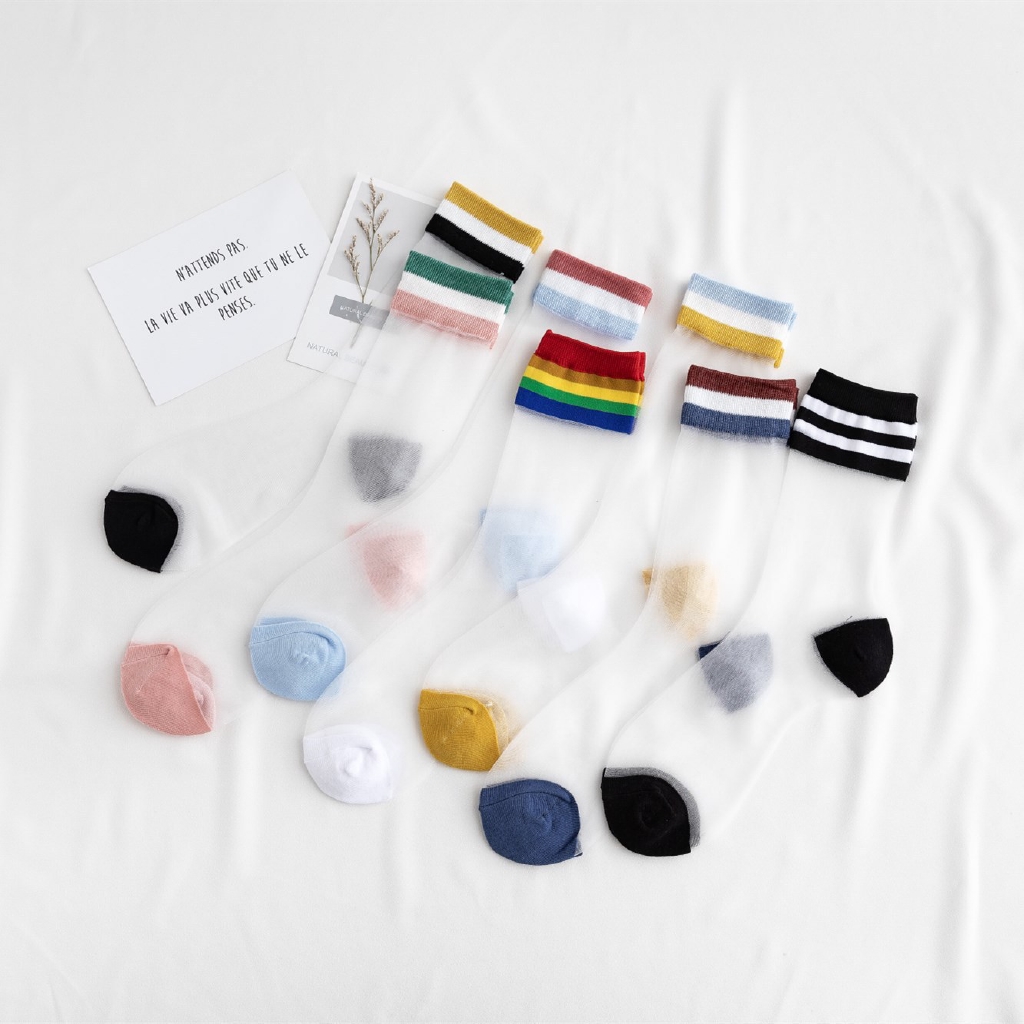 Summer Rainbow Striped Transparent Women Socks Japanese New Style Ultrathin Glass Silk Novelty Female Mid-calf Length Tube Socks