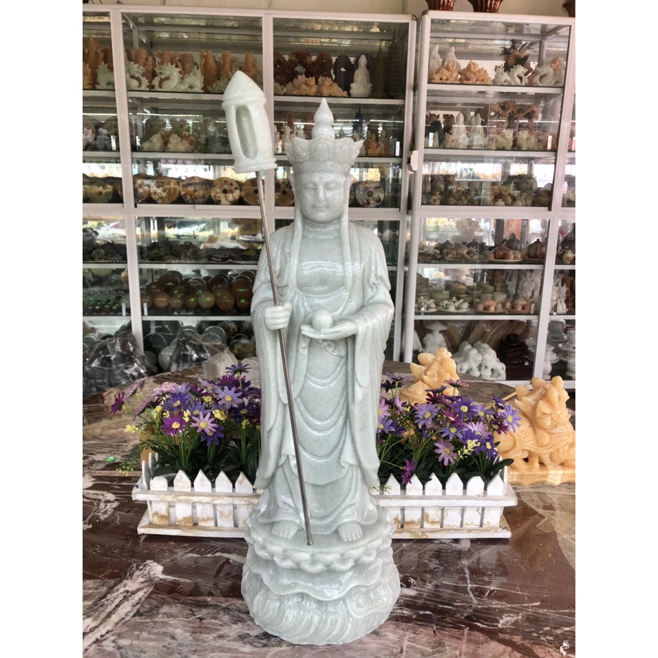 Tượng phật địa tạng vương bồ tát đứng đài sen đá trắng xanh - Cao 54 cm
