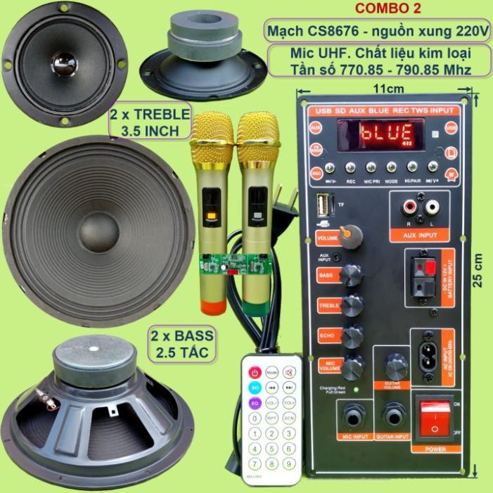 Mạch loa kéo 2.5 tấc đôi CS8676 60W – 120W có nguồn xung 220V kèm Micro đơn hoặc Micro đôi – Bluetooth Karaoke Guitar đi