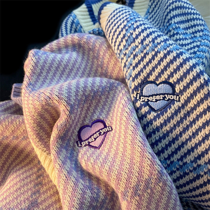 【Keroro】Áo len dáng dài kẻ sọc cổ tim phối viền cực xinh | BigBuy360 - bigbuy360.vn