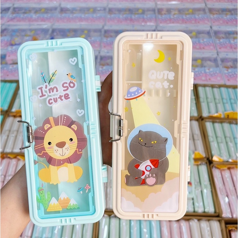 Hộp bút nhựa hình thú cute, hộp bút trong suốt có mật khẩu cho bé