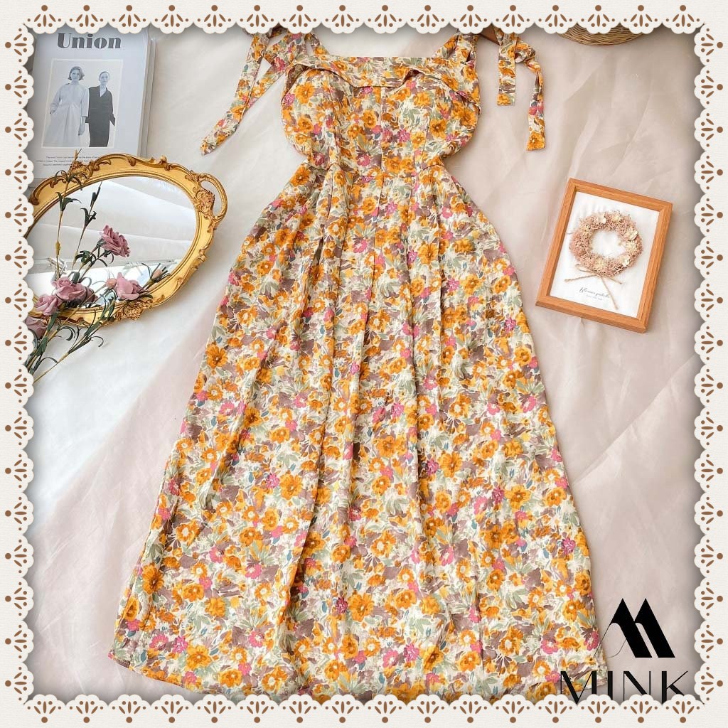 [HÀNG THIẾT KẾ] Váy Hoa Nhí Cột Nơ Vai (có mút) - Chất Liệu Voan Cát - Phiên Bản Hoa Cam | BigBuy360 - bigbuy360.vn