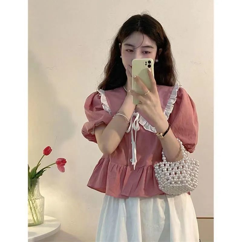 Áo Kiểu Tay Phồng Cổ Búp Bê Phong Cách Hàn Quốc Ngọt Ngào Thời Trang Mùa Hè Cho Nữ