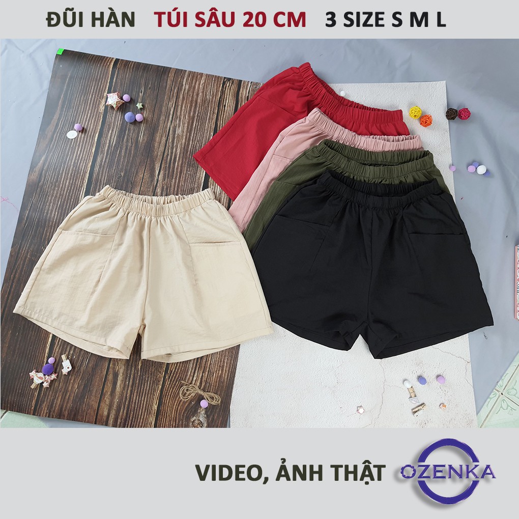 Quần short đũi  nữ ống rộng cạp chun túi thật , quần đùi đũi big size chất đẹp giá rẻ màu đen ghi da OZENKA