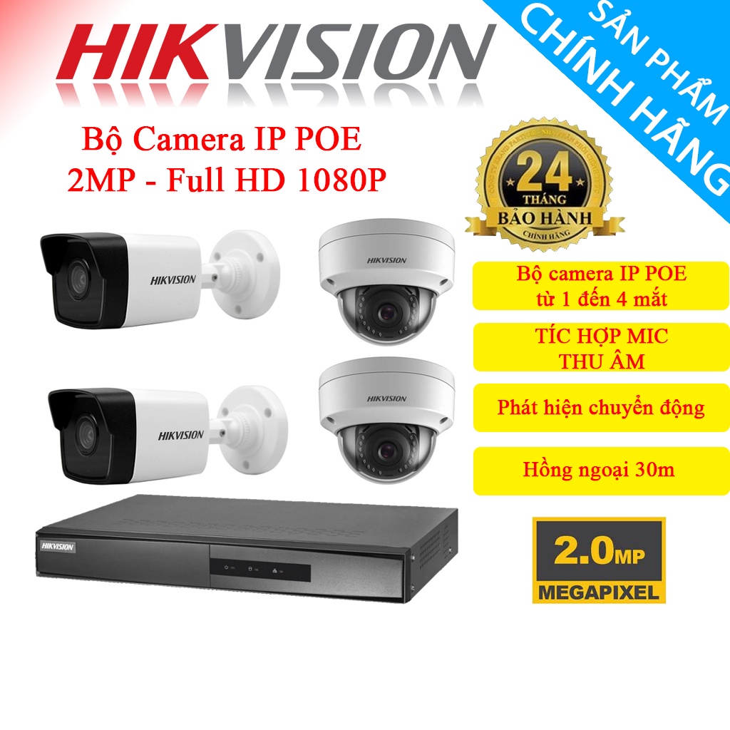 Bộ Camera 1/2/3/4 Mắt IP POE HIKVISION 2.0MP [ TÍC HỢP MIC ] - Hàng Chính Hãng, Bảo Hành 24 Tháng