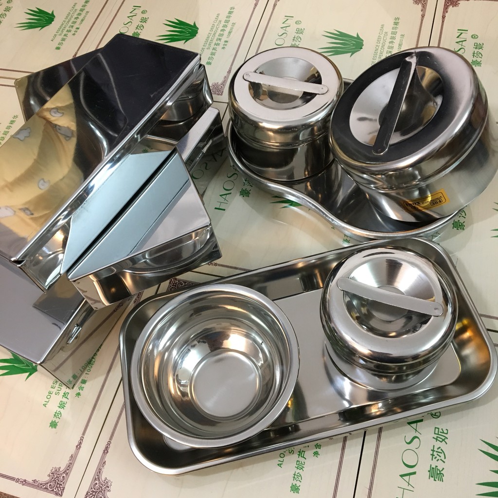Combo đồ inox cho spa: khay hạt đậu, hộp bông cồn, khay chữ nhật, bát inox...