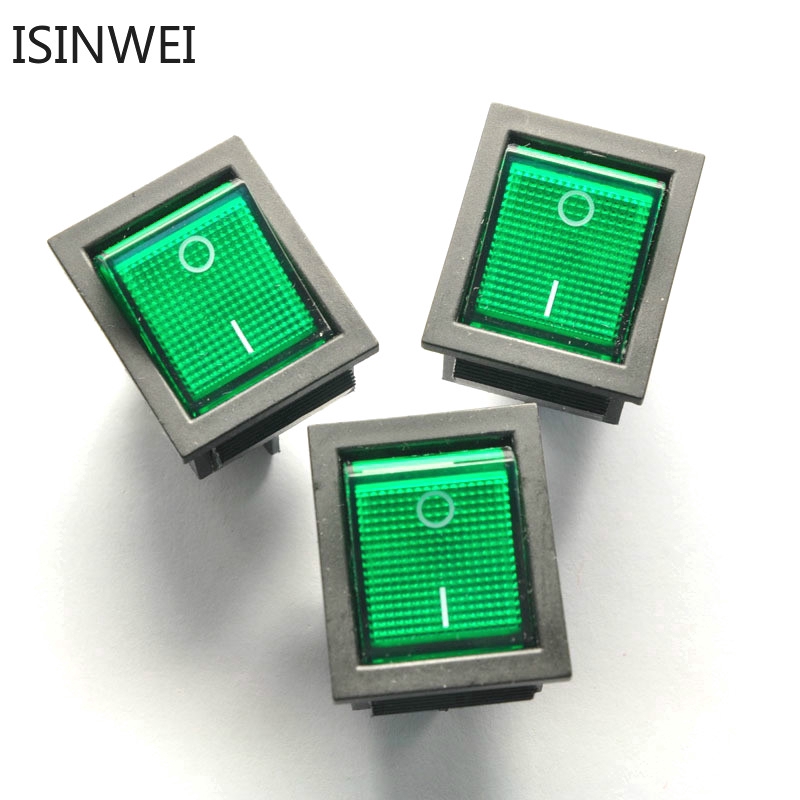 Bộ 10 công tắc bật tắt dạng nhấn kcd4-201 16a 250v có đèn led 4pin màu xanh lá