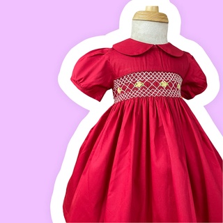Đầm smock đỏ hoa vàng cổ sen