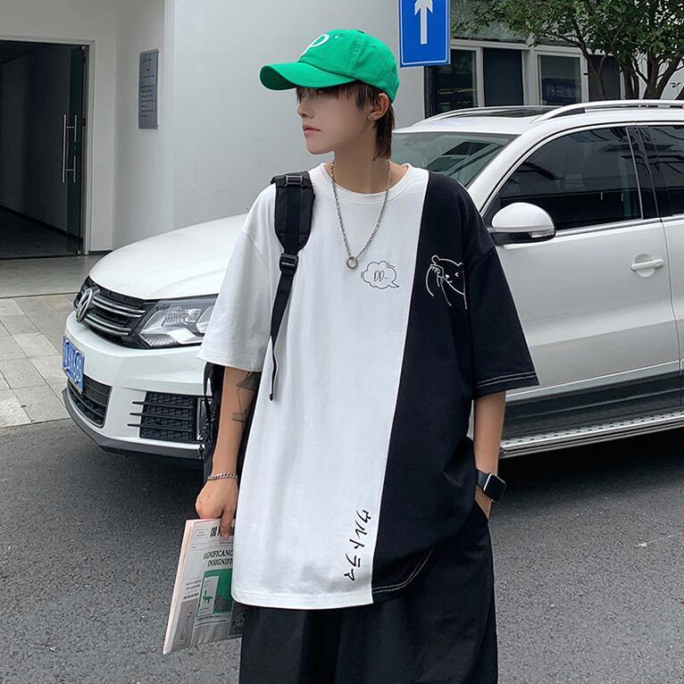 Áo Thun Ngắn Tay Dáng Rộng Phối Màu Tương Phản Thời Trang Hàn Quốc Cho Nam