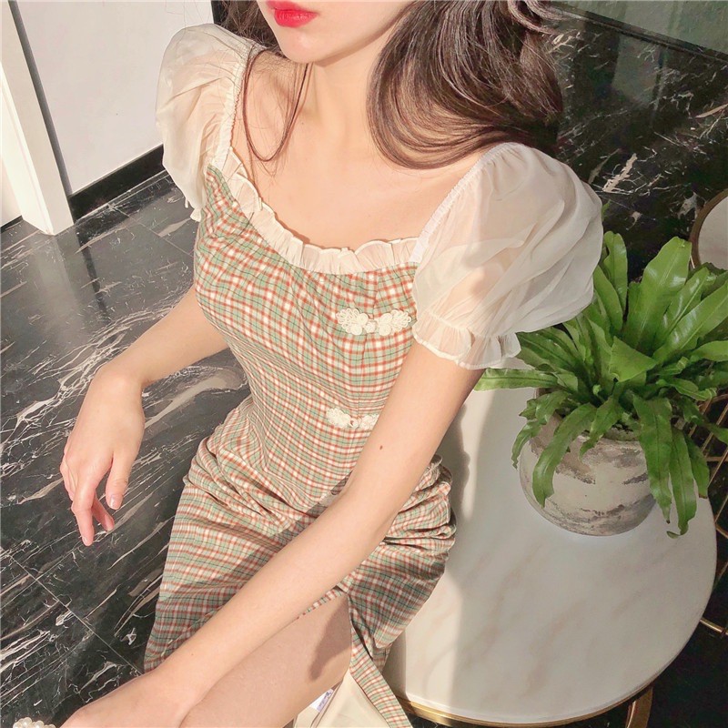 MS108 Váy phối voan tay bồng xẻ tà