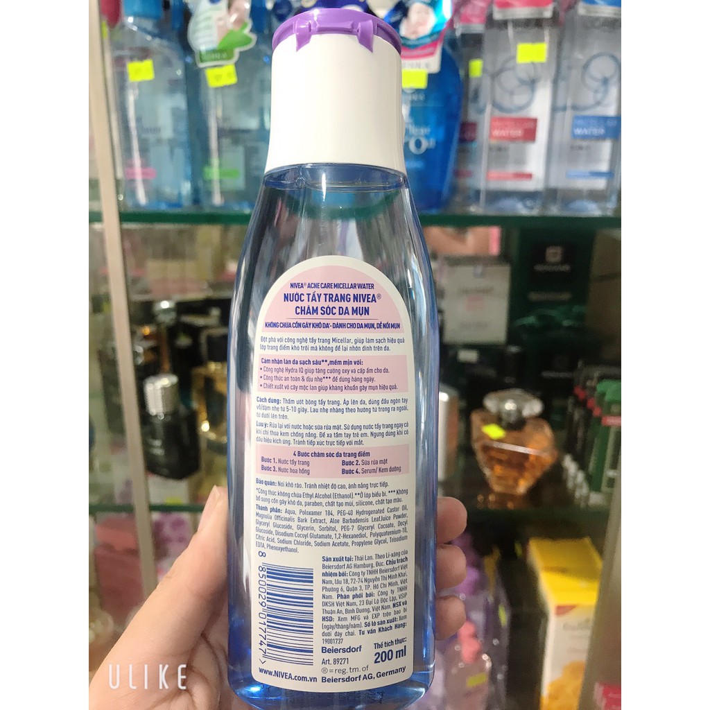 [chính hãng 100%] nước tẩy trang NIVEA chai màu tím dành cho da mụn 200ml