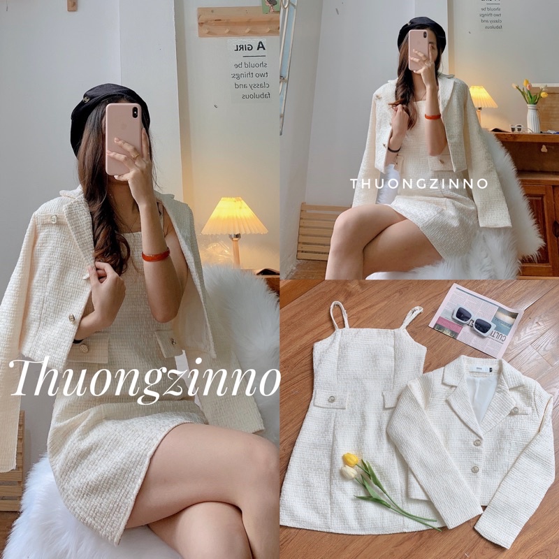 [Ảnh thật/Video] SET VÁY TWEED gồm váy hai dây kèm áo khoác ngoài xinh như tiểu thư | BigBuy360 - bigbuy360.vn