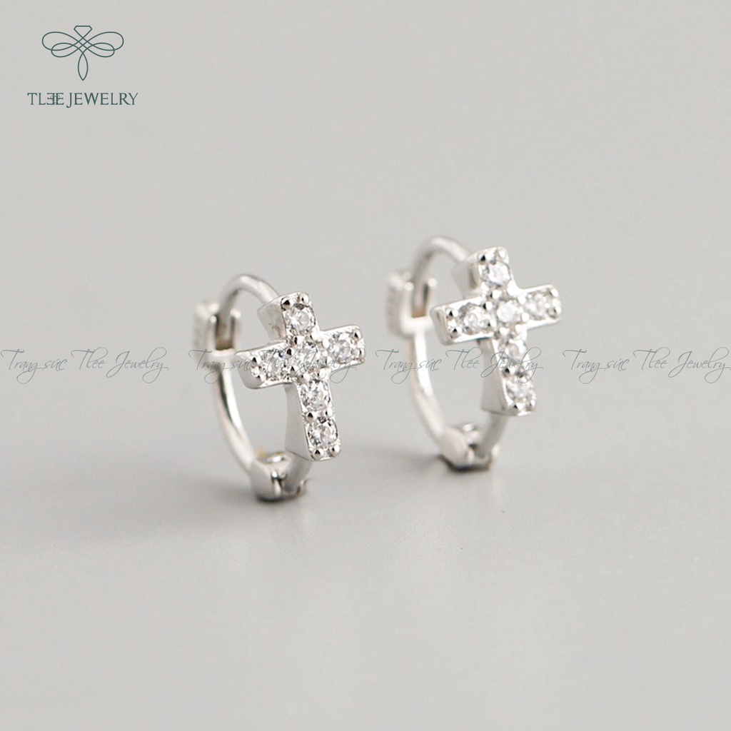 Khuyên tai bạc unisex TLEE tròn thánh giá nạm đá mẫu đeo ngắn có chốt bấm NCJ B0141