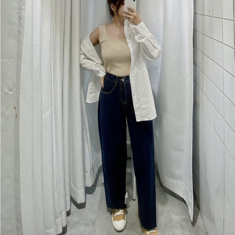Quần jean ống suông lưng cao lai thô xanh đậm - Q770