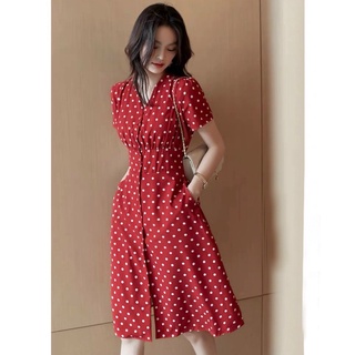 Đầm bi đỏ bo eo form dài (kèm hình thật)
