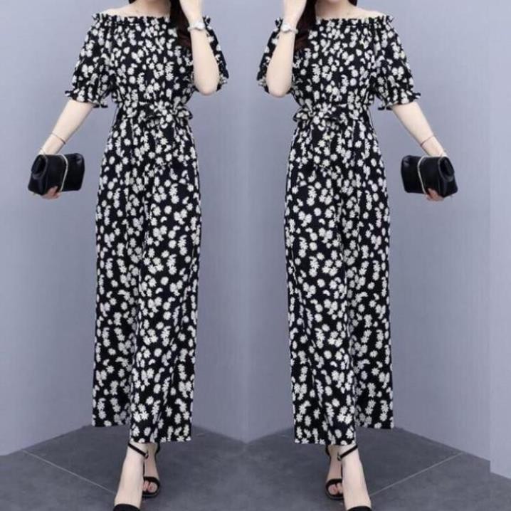 Jumpsuit dài hoa cúc trễ vai sang trọng