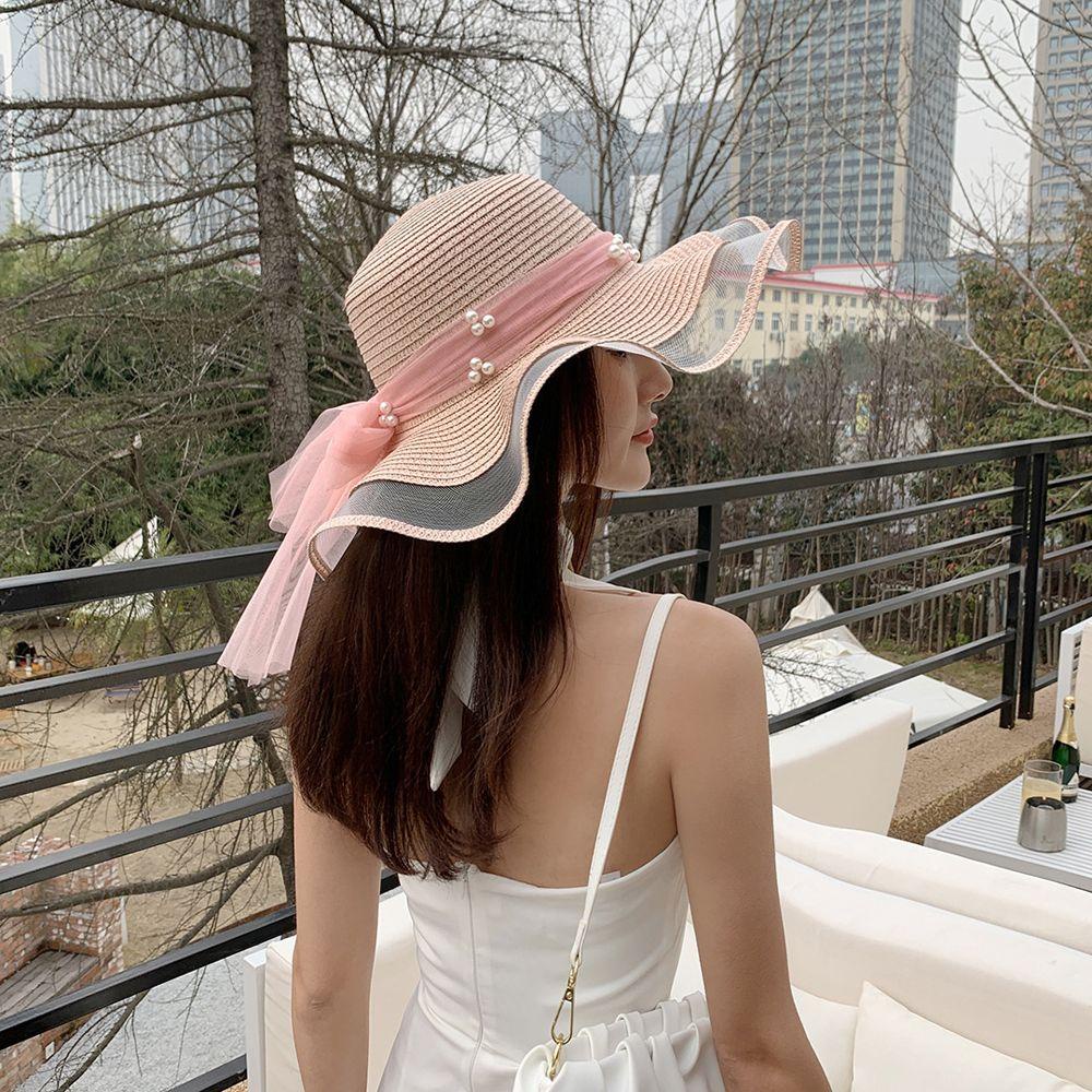 Nón Cối Phối Ren Ruy Băng Thắt Nơ Cỡ Lớn Thời Trang Đi Biển Mùa Hè Cho Nữ WMES15H