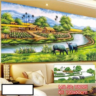 Tranh đính đá phong cảnh Hồn Quê. Kích thước: 120x60cm
