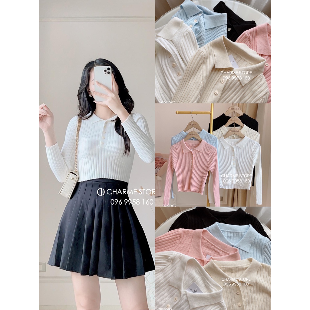 Áo len nữ trơn tay dài phối cổ polo thiết kế Charme 9087
