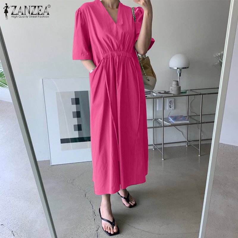 Đầm nữ Zanzea tay ngắn cổ chữ v thời trang phong cách Hàn Quốc