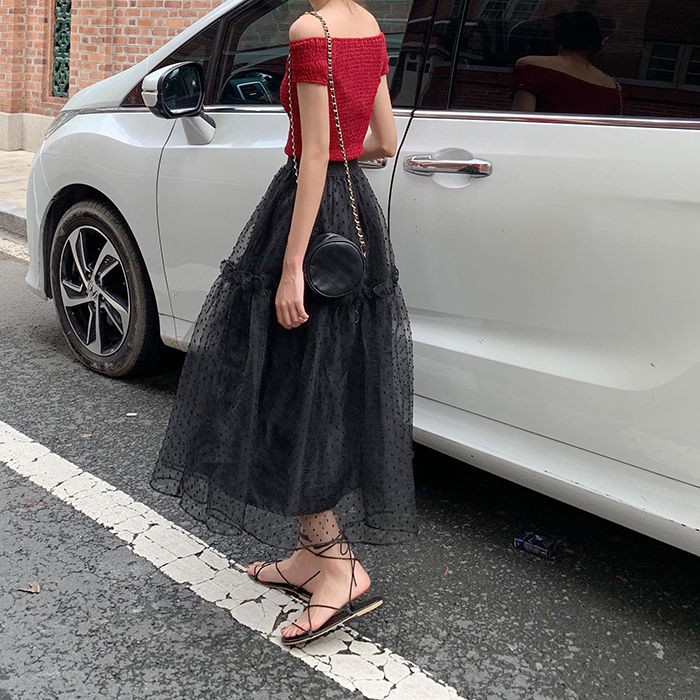 Chân Váy Dài Lưng Cao Phối Ren Lưới Phong Cách Hàn Quốc Mới Cho Nữ 2021