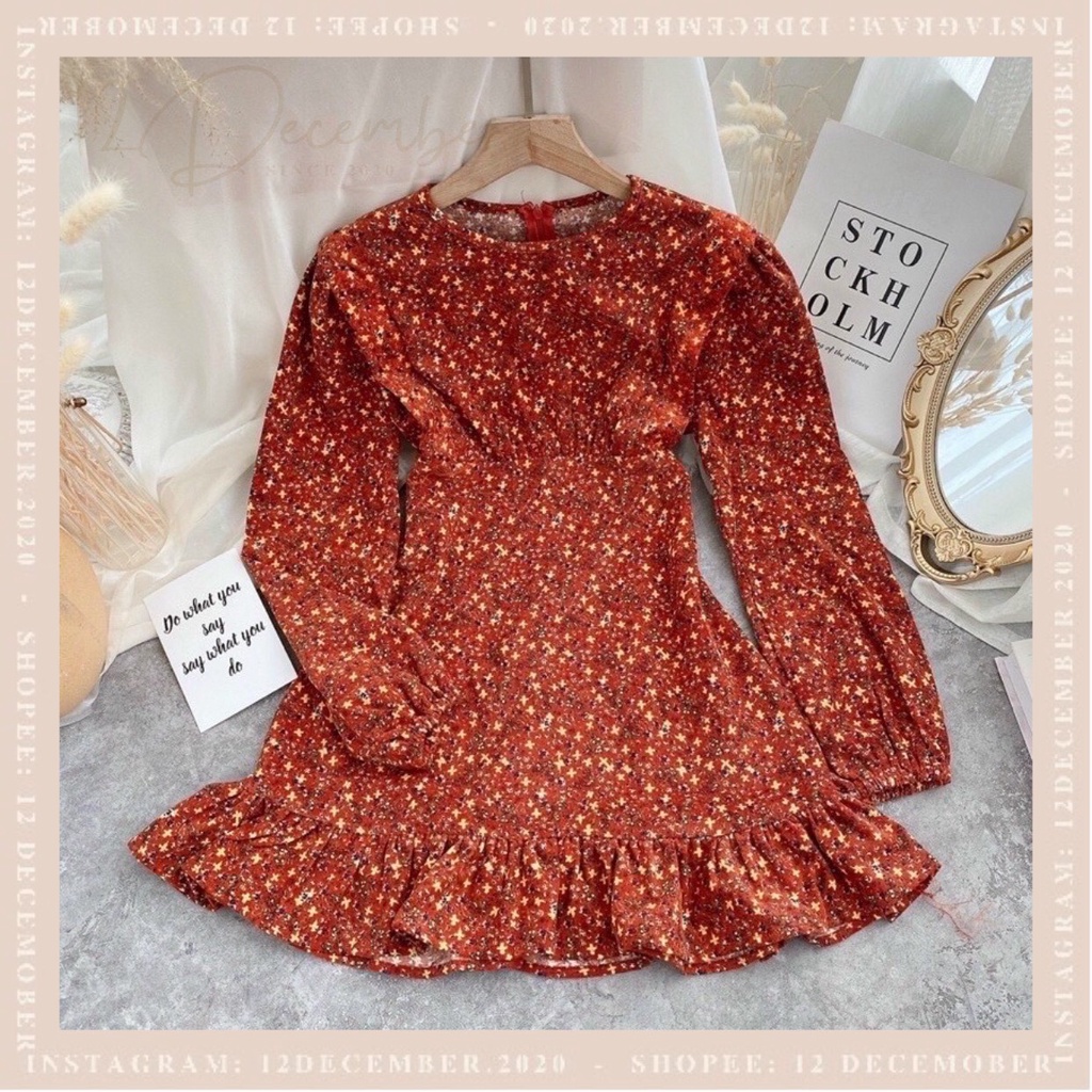 Váy Đầm Thiết Kế Hoa Nhí Vintage Cổ Điển Phối Bèo Nhún 12 December Ôm Body Đứng Form Đi Đám Cưới Dự Tiệc