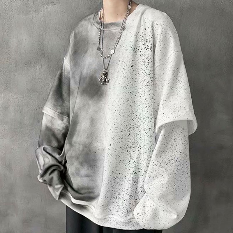 Áo thun cotton dài tay dáng rộng màu gradient giả 2 lớp thời trang harajuku cho nam