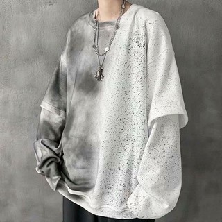 Áo thun cotton dài tay dáng rộng màu gradient giả 2 lớp thời trang harajuku cho nam