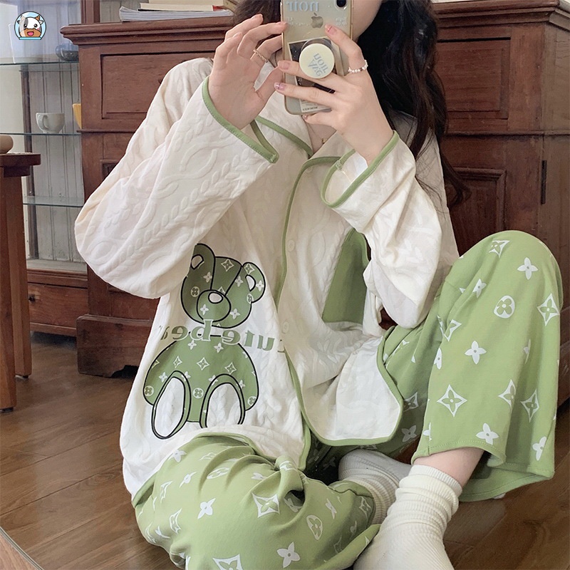 Bộ Đồ Ngủ Tay Dài Chất Liệu Cotton In Họa Tiết Màu Xanh Lá Thời Trang Mùa Thu Xinh Xắn Cho Nữ