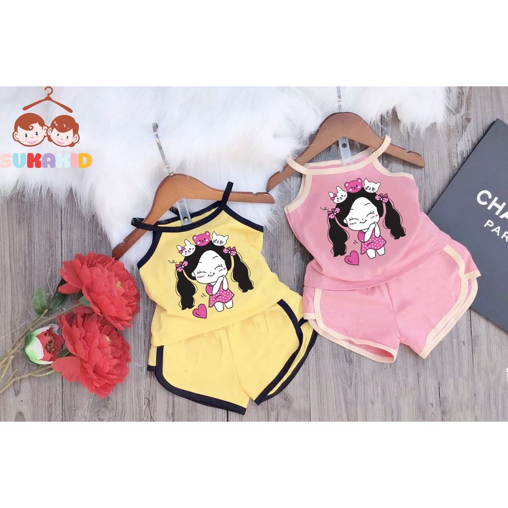 Bộ đồ 2 dây hình bé gái cột tóc đáng yêu từ 6kg đên 30kg.BDBG60.