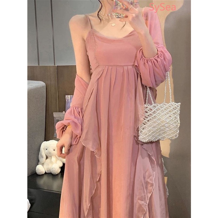 Set Đầm Hai Dây Vải Voan Phối Áo Khoác Cardigan Thời Trang Hè Thu Thanh Lịch Cho Nữ