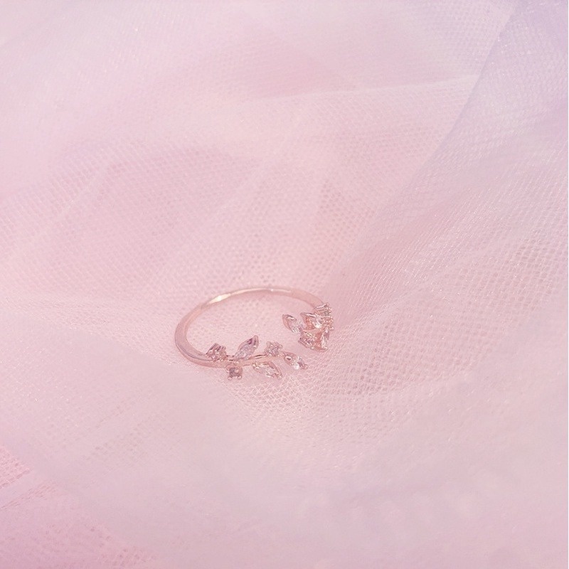 Nhẫn hở đính đá mạ bạc 925 hình chiếc lá thiết kế thời trang Hàn Quốc cho nữ