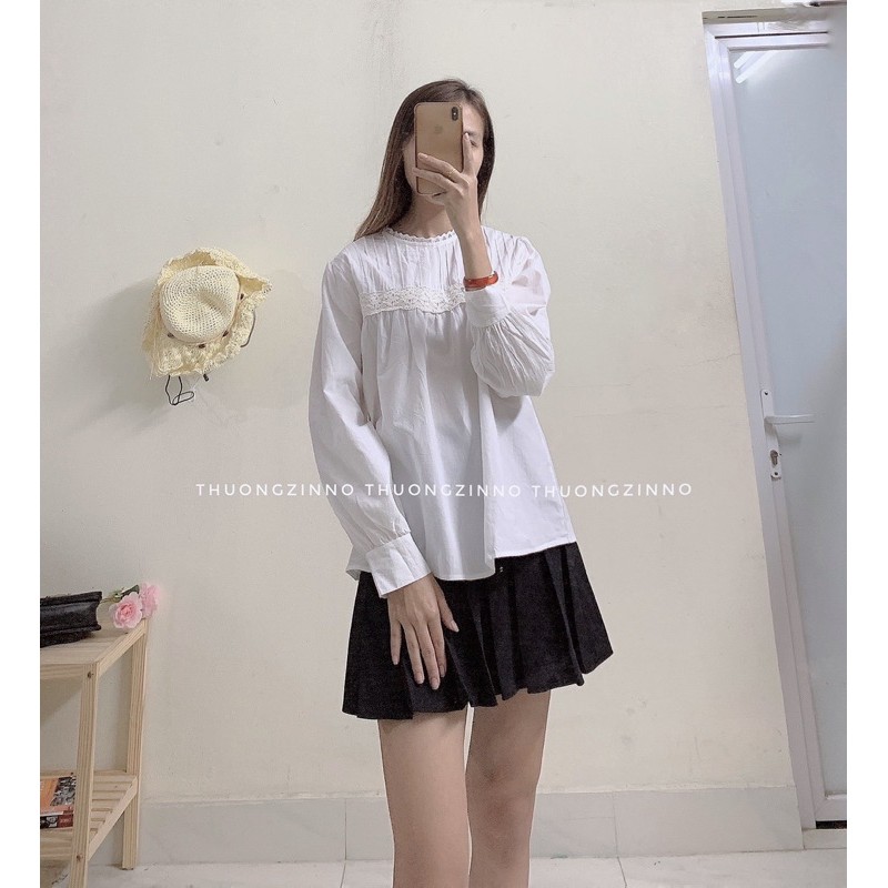 [Ảnh thật/Video]Áo sơ mi Ulzzang ren bi xếp li ngực tay bồng tiểu thư hàng Quảng Châu