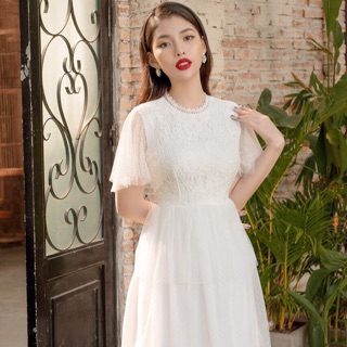Đầm trắng ren phối lưới sang trọng lịch lãm