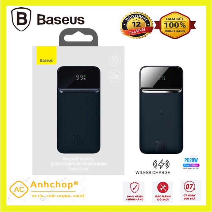 [Mã 1511ELSALE hoàn 7% đơn 300K] Sạc dự phòng không dây nam châm Baseus PPMT-03 10000mAh Sạc Nhanh 20W Cho Iphone 12