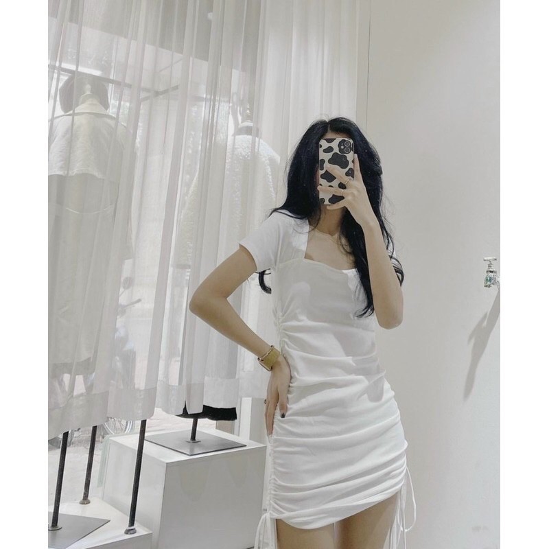 Đầm Ôm Body Cổ Vuông Rút Dây Hông Ulzzang