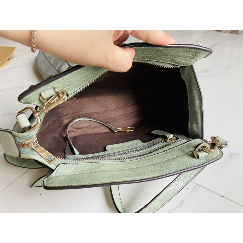 Lc216 Túi si da thật đeo chéo màu xanh mint