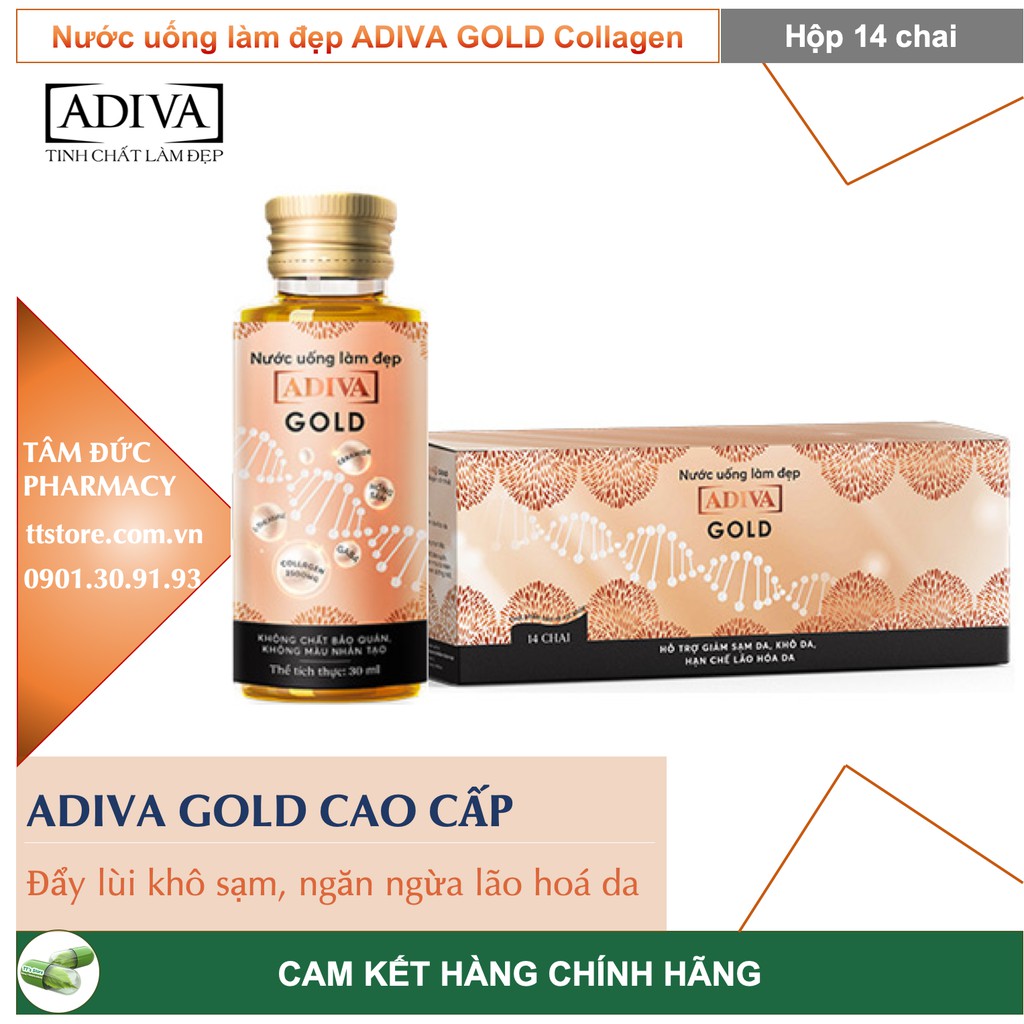 ADIVA GOLD COLLAGEN [Hộp 14 chai] - Nước uống collagen cao cấp, ngăn ngừa lão hoá, giảm stress