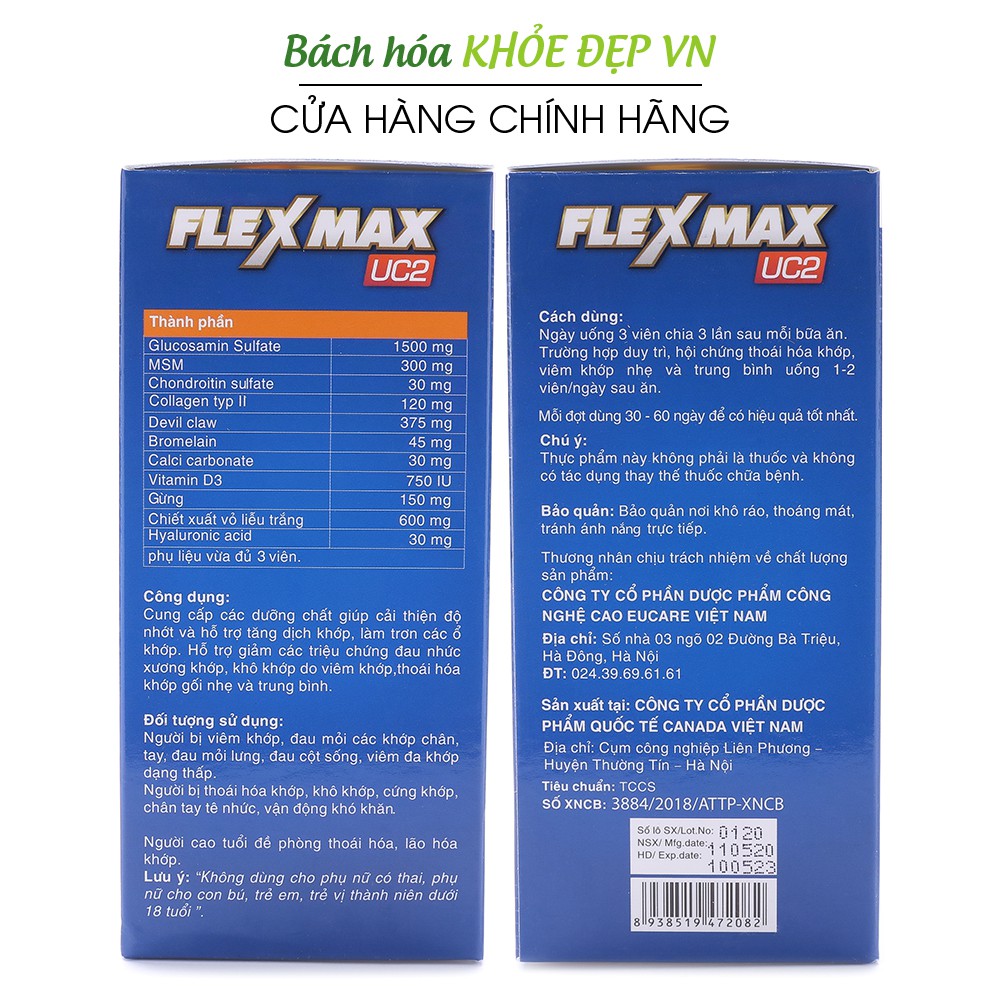 Viên xương khớp Glucosamine 1500mg giảm đau nhức xương khớp Flexmax - Hộp 60 viên chuẩn GMP Bộ Y Tế