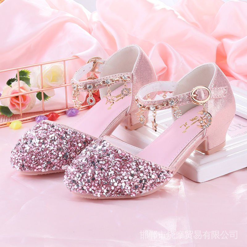Giày Cao Gót Đế Mềm Đính Pha Lê Xinh Xắn Cho Bé Gái Từ 3-5-6 7 8 9 Tuổi