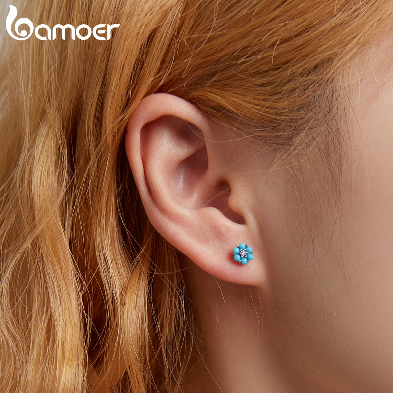 Bông tai BAMOER BSE601 bằng bạc 925 đính đá ngọc lam thời trang