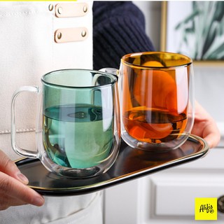 Ly thuỷ tinh, cốc thuỷ tinh 2 lớp cao cấp chịu nhiệt tốt màu vàng và màu xanh