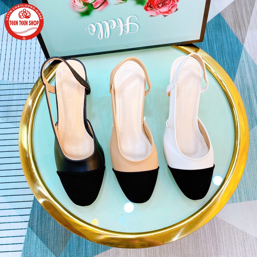 Sandal nữ khoét eo cao 6p mũi vuông phối màu đen nổi bật , giày nữ kiểu mới gót trụ giá rẻ, Teen Teen Shop.