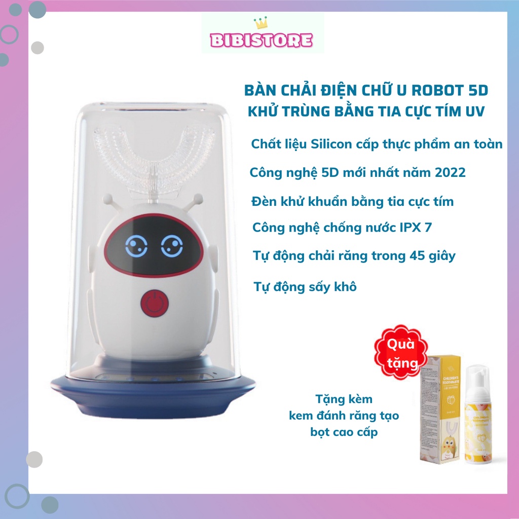 Bàn Chải Đánh Răng Điện Cho Bé 5D, Bàn Chải Điện Chữ U Đánh Răng Tự động, Khử trùng Sấy Khô Tia Cực Tím UV(TẶNG KĐR)