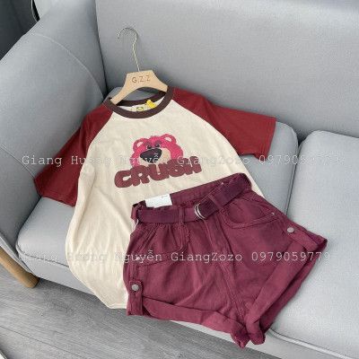 Quần sooc bò đai dù gập vấn gấu tôn dáng Quảng châu