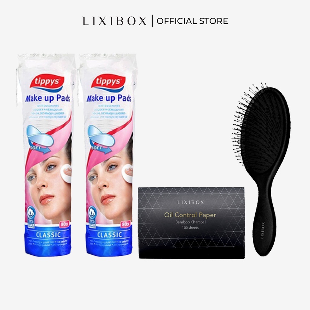 [HB Gift] Combo Bông Tẩy Trang Tippy's Classic, Lược chải đầu mát xa và gỡ rối tóc, Giấy Thấm Dầu