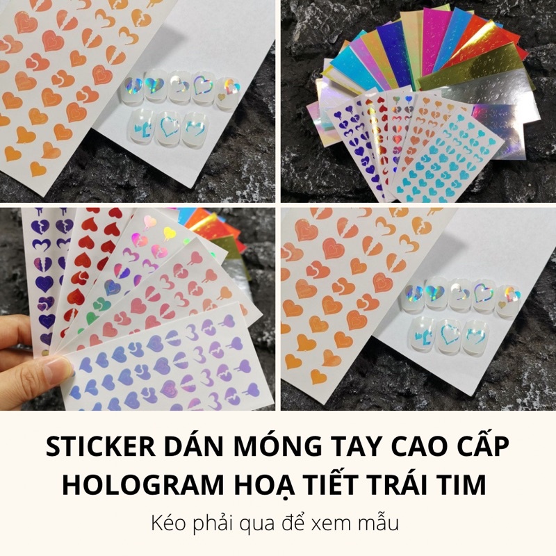 Sticker, hình dán móng tay cao cấp Hologram lấp lánh hoạ tiết trái tim trang trí móng tay nghệ thuật nail
