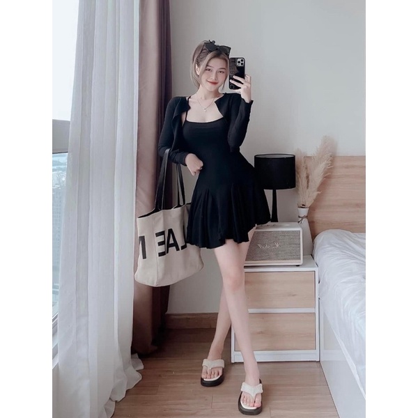 SET 2 món đầm dây phối xoè kèm áo cadigan SE2